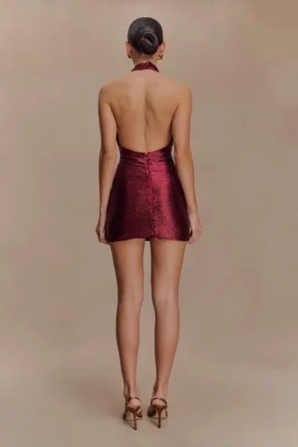 Nylah Beaded Halter Mini Dress – Burgundy