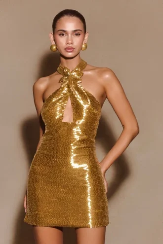 Nylah Beaded Halter Mini Dress – Gold