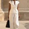 Oriana Linen Button Vest – White