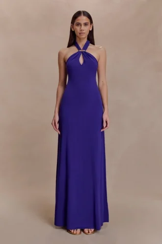 Ozias Halter Semi Sheer Knit Maxi Dress – Deep Purple