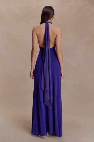 Ozias Halter Semi Sheer Knit Maxi Dress – Deep Purple