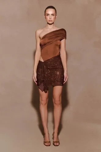 Paisley Slinky And Diamante Mini Dress – Chocolate