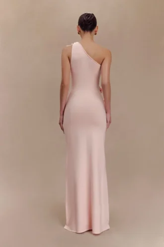 Paloma One Shoulder Knit Maxi Dress With Flowers – Baby Pink Paloma One Shoulder Knit Maxi Dress With Flowers – Baby Pink