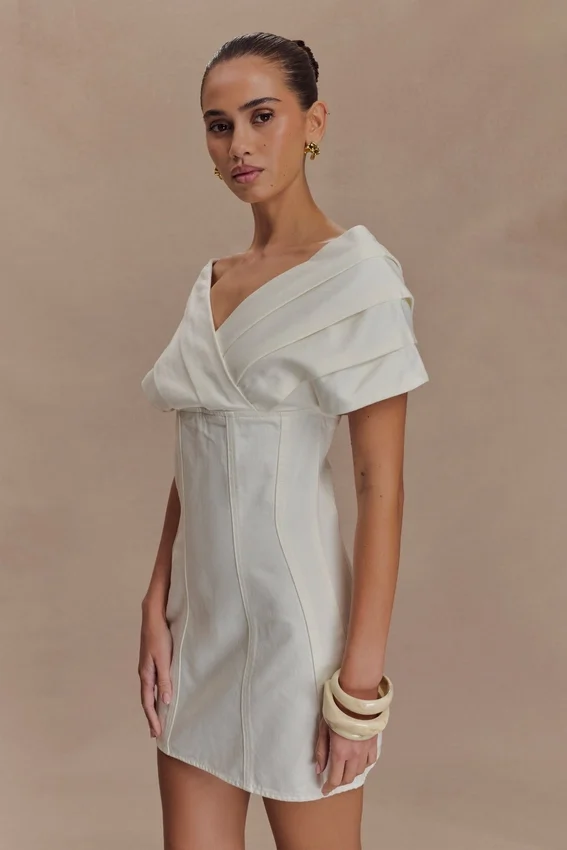 Pascale Off Shoulder Denim Mini Dress – White Pascale Off Shoulder Denim Mini Dress – White