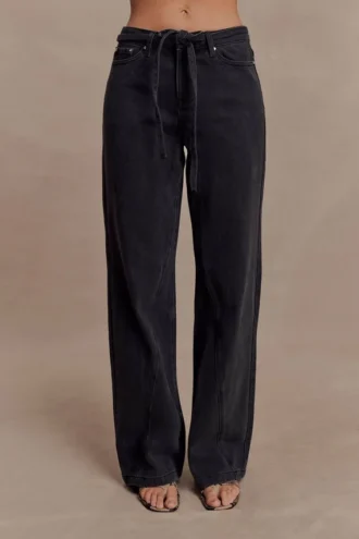 Perrie Mid Rise Straight Leg Tie Jeans – Washed Black