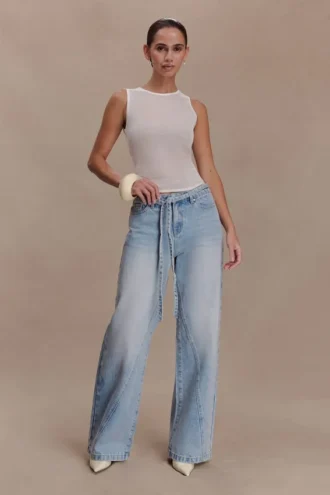 Perrie Mid Rise Straight Leg Tie Jeans – Washed Light Blue