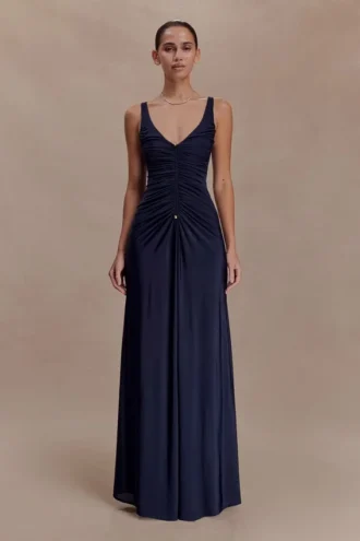 Perrie Slinky Ruched Maxi Dress – Ink Blue