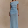 Chloe Off Shoulder Boucle Knit Top – Light Blue