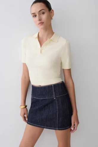 Loraine Mid Rise Denim Mini Skirt – Indigo Pinstripe