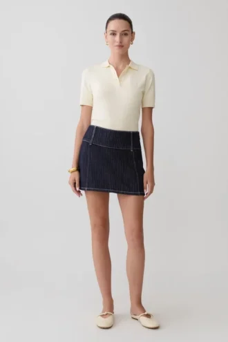 Loraine Mid Rise Denim Mini Skirt – Indigo Pinstripe