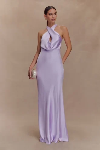 Phyllis Satin Halter Maxi Dress – Lilac