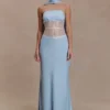 Pilar Strapless Satin And Lace Maxi Dress – Cornflower Blue