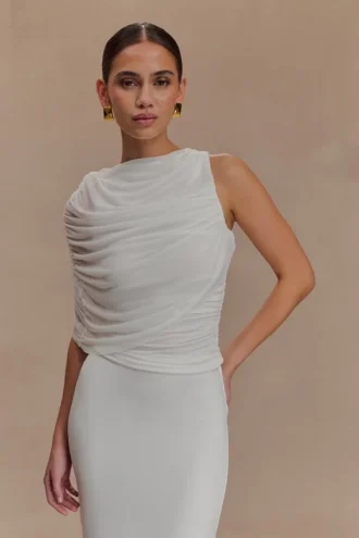 Pruedance Slinky Draped Top With Mesh Overlay – White