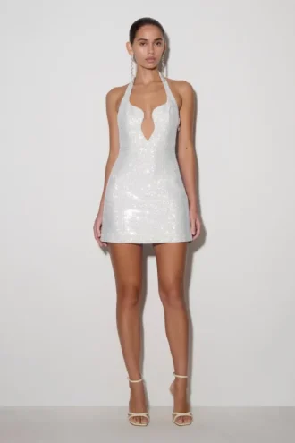 Raina Diamante Halter Mini Dress – White