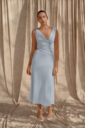 Raleigh Asymmetrical Slinky Midi Dress – Pale Blue