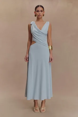 Raleigh Asymmetrical Slinky Midi Dress – Pale Blue