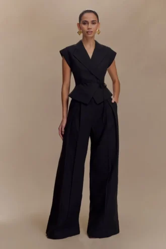 Raya Mid Rise Wide Leg Linen Pant – Black