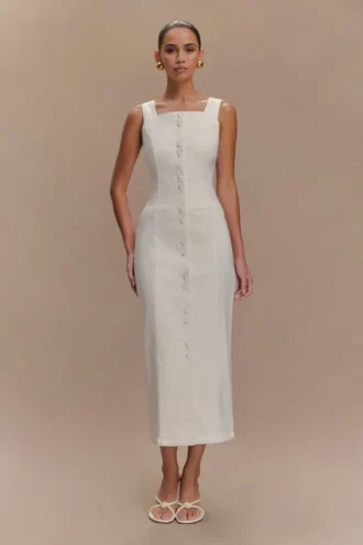 Reyna Denim Midi Dress – White