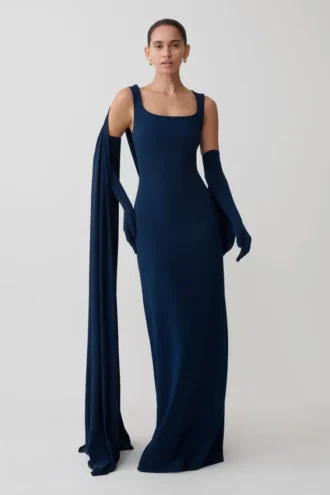 Rhea Detachable Cape Jersey Maxi Dress – Navy