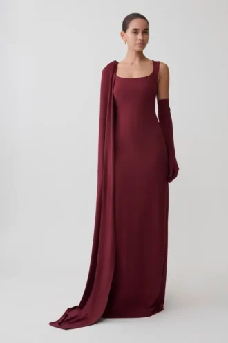 Rhea Detachable Cape Jersey Maxi Dress – Wine