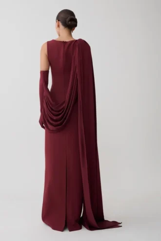 Rhea Detachable Cape Jersey Maxi Dress – Wine
