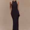 Rinna Satin Halter Maxi Dress – Black