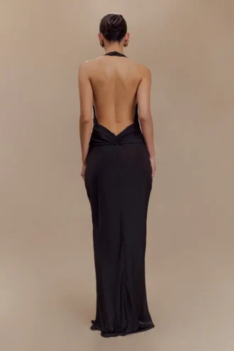 Rinna Satin Halter Maxi Dress – Black