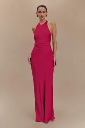 Rinna Satin Halter Maxi Dress – Pink Cherry