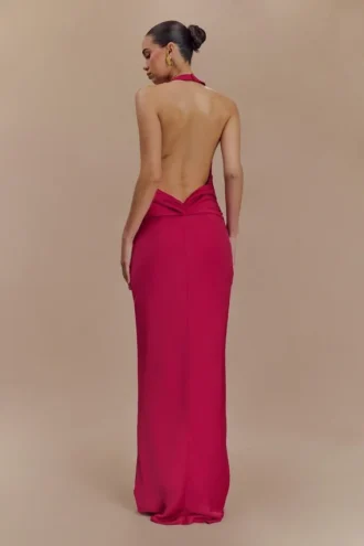 Rinna Satin Halter Maxi Dress – Pink Cherry