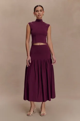 Romaine Bandage Knit Midi Skirt – Wine