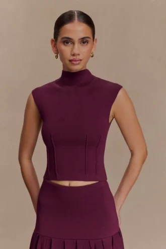 Romaine High Neck Bandage Knit Top – Wine Romaine High Neck Bandage Knit Top – Wine