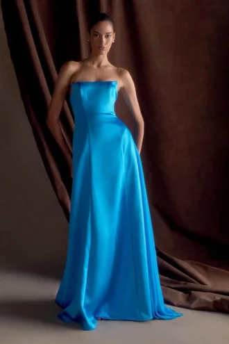 Rosella Satin Strapless Maxi Dress – Cyan Blue