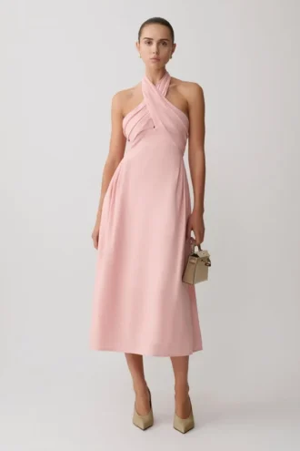 Rosie Linen Halter Midi Dress – Pink
