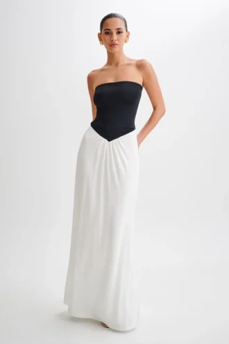 Ruby Strapless Slinky Maxi Dress – Black/White