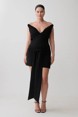 Runa Off Shoulder Mini Dress With Waist Tie – Black