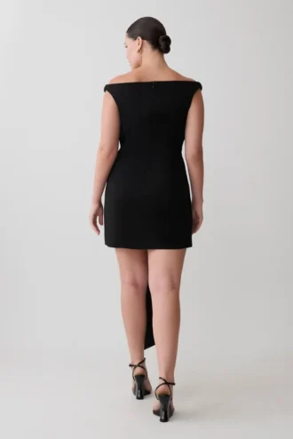 Runa Off Shoulder Mini Dress With Waist Tie – Black