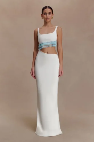 Ruvic Knit Maxi Beaded Dress – White