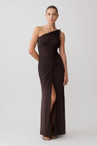Ryn Twisted One Shoulder Maxi Dress – Dark Chocolate