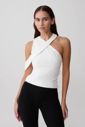 Sable Crossover Crepe Halter Top – White