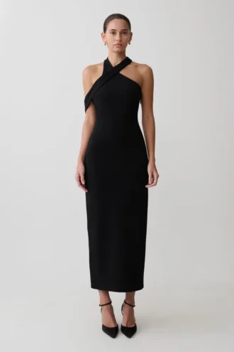 Sable Crossover Crepe Midi Dress – Black