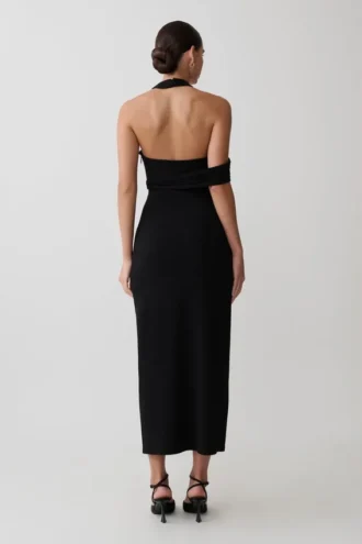 Sable Crossover Crepe Midi Dress – Black
