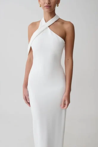 Sable Crossover Crepe Midi Dress – White