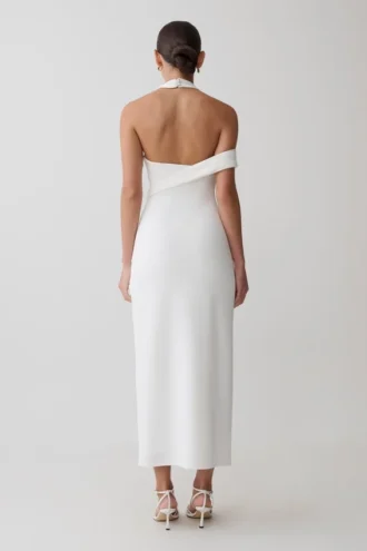 Sable Crossover Crepe Midi Dress – White