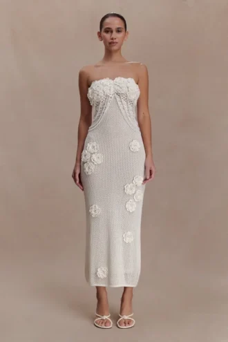 Samantha Crochet Midi Dress With Flowers – Ivory