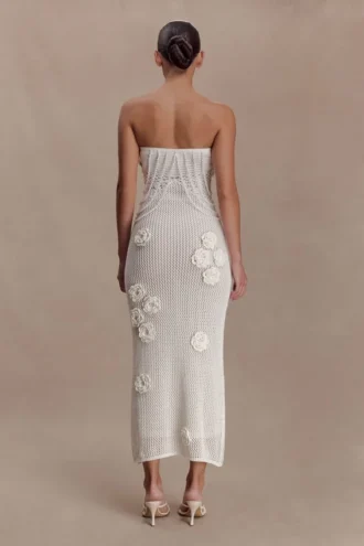 Samantha Crochet Midi Dress With Flowers – Ivory