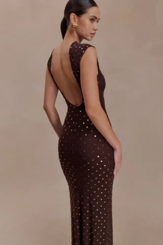 Samara Sleeveless Diamante Maxi Dress – Chocolate