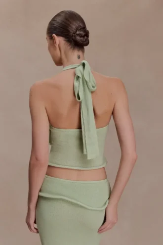 Samira Halter Knit Twist Top – Pastel Green