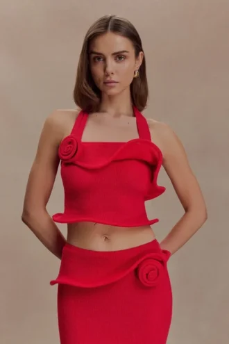 Samira Halter Knit Twist Top – Red