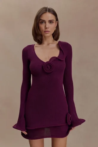 Samira Knit Long Sleeve Mini Dress – Plum