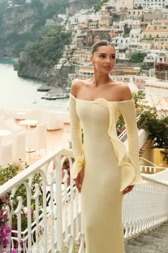 Sandrine Off Shoulder Knit Maxi Dress – Lemon Sandrine Off Shoulder Knit Maxi Dress – Lemon